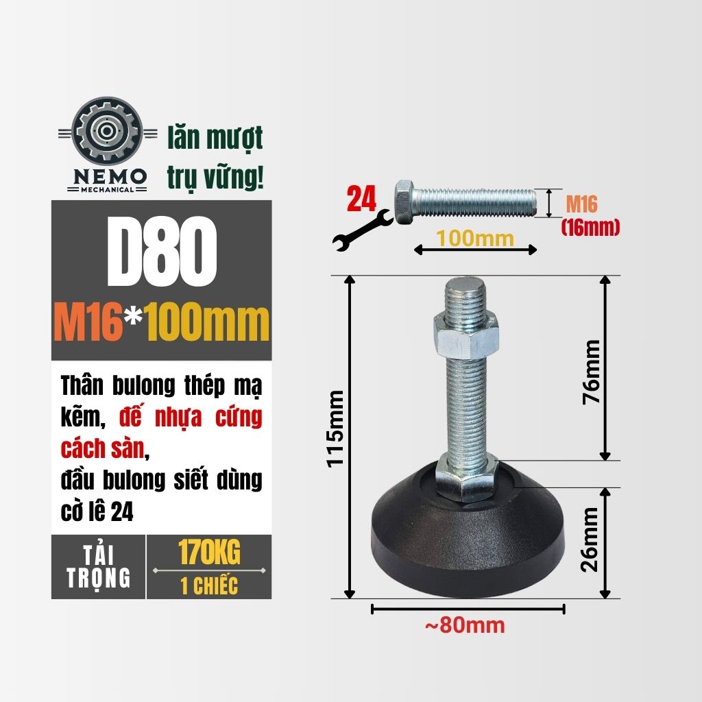 Chân Tăng Chỉnh Đế Nhựa Cứng – Giải Pháp Cân Bằng & Chống Rung (M10, M12, M16)